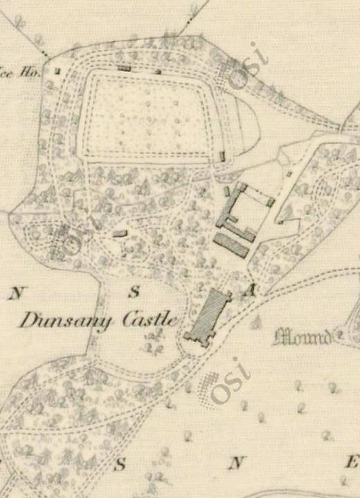 19th-century, hand-drawn map showing Dunsany Castle and its surrounds.