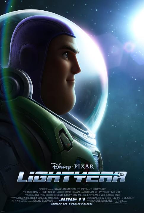 Closeup of the animated movie character Buzz Lightyear (not the toy) in his clear-helmeted spacesuit.