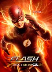 Surounded by yellow lightning, Grant Gustin (as the Flash) races towards us in
                his red costume with a new white logo on his chest.