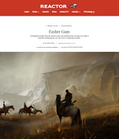 Four people on horseback in a prairie with an indistinct, ghostly background.