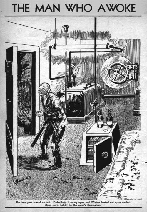 Pen-and-ink drawing of a man in tattered clothes looking out from a vault-like bedroom to adark world.