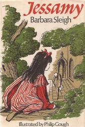 A young girl with long black hair and a red bow kneels at the edge of a
                courtyard.
