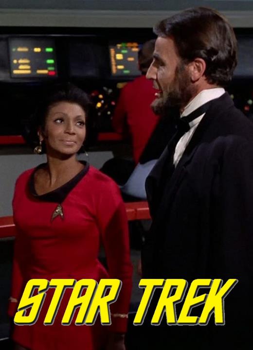 Nichelle Nichols [as Uhura] and Lee Bergere [as Lincoln] converse on the bridge of the Enterprise.