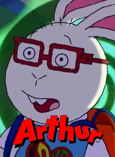 An animated white rabbit wearing rectangular red glasses looks shocked to be falling into a green-and-white vortex.