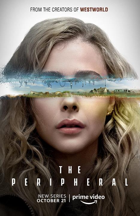 Close-up of Chloë Grace Moretz (as Flynne Fisher) with her eyes obscured by a scene of rural North Carolina underneath an upside-down futuristic London.