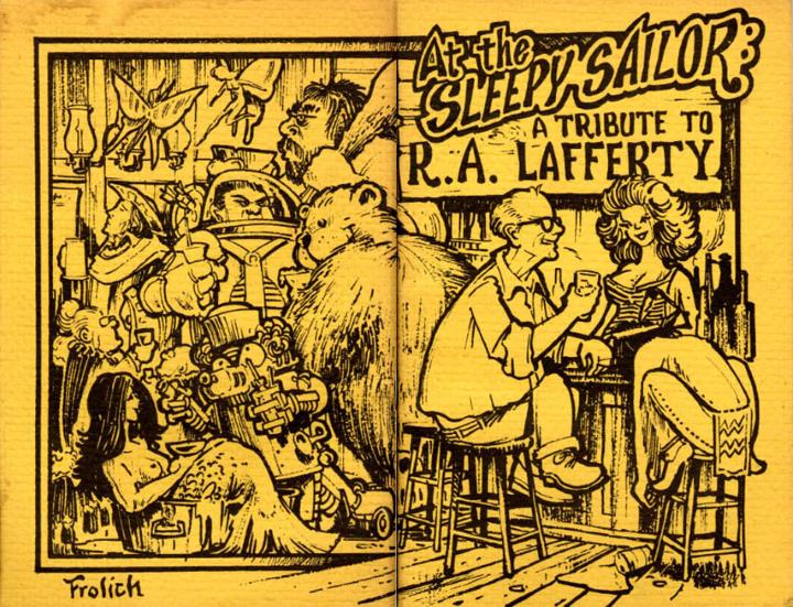 Pen-and-ink drawing of R. A. Lafferty sitting at a bar, surrounded by science fiction and fantasy characters.