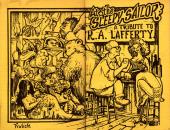 Pen-and-ink drawing of R. A. Lafferty sitting at a bar, surrounded by
                science fiction and fantasy characters.