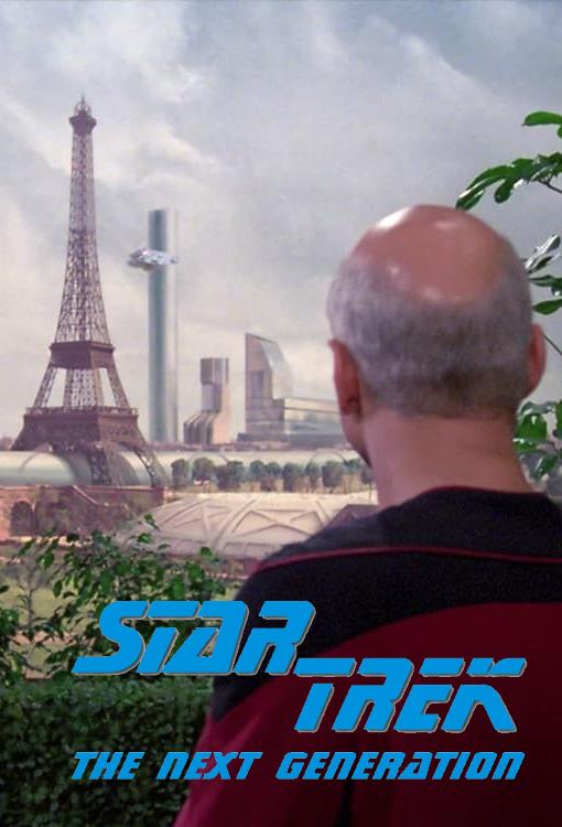 Still shot from behind of Patrick Stewart (as Captain Jean-Luc Picard) gazing at a future Eiffel Tower on the holo-deck.