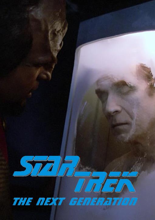 Michael Dorn (as Lieutenant Worf) examines a frozen body through the window of a cryogenic chamber.