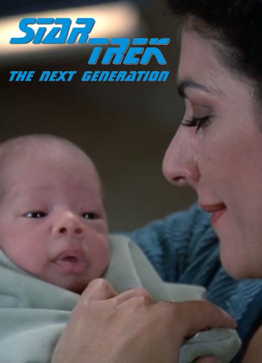 Marina Sirtis (as Deanna Troi) gazes lovingly at a newborn boy in her arms.