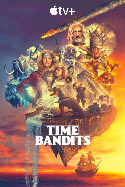 A pirate ship, bits of earth torn from the ground, and the cast of Time Bandits float in front of colorful clouds.