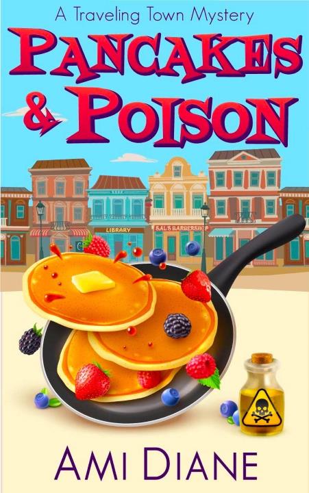 A skillet of pancakes and a bottle of poison with small-town storefronts in the background.