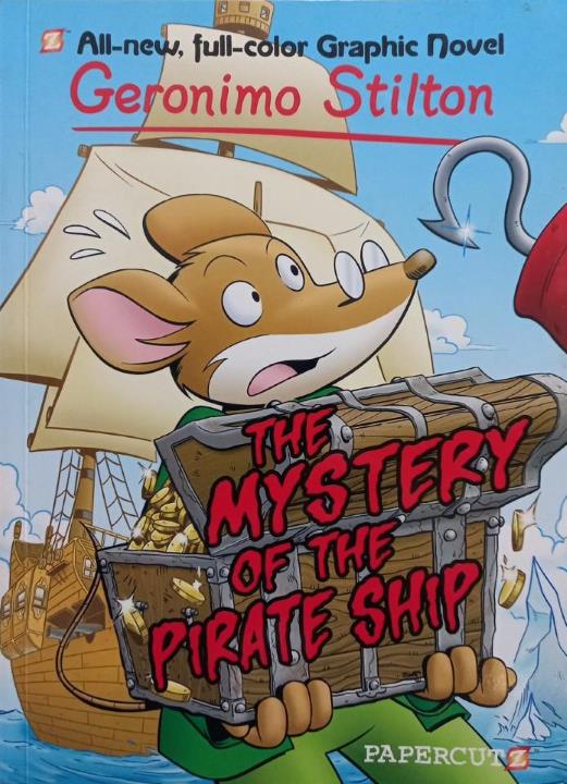 The cartoon mouse Geronimo Stilton runs into a hooked hand as he carries a treasure chest away from a sailing ship.