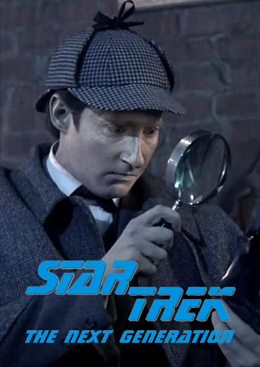 In a Sherlock Holmes get-up, Brent Spiner (as Data) examines something through a magnifying glass.