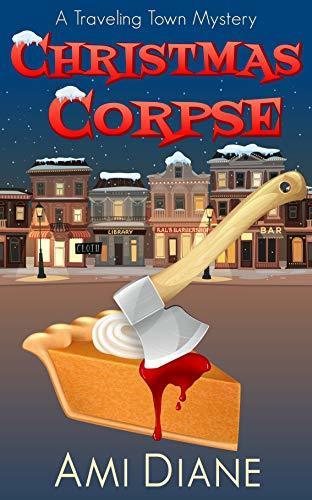 An axe cuts into a piece of pumpkin pie on a beach with small-town storefronts in the background.