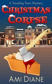 An axe cuts into a piece of pumpkin pie on a beach with small-town storefronts
                in the background.