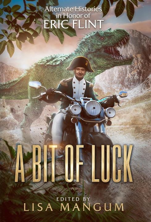 A man in a Napoleonic uniform rides a motorcycle with a dinosaur in the background.