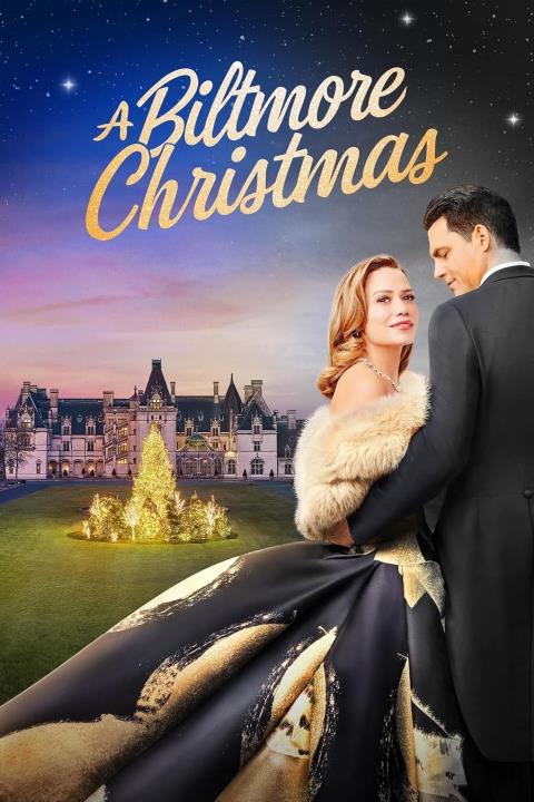 In fancy dress, Bethany Joy Lenz (as Lucy) and Kristoffer Polaha (as Jack) cuddle under a starry sky with the Biltmore Estate in the background.