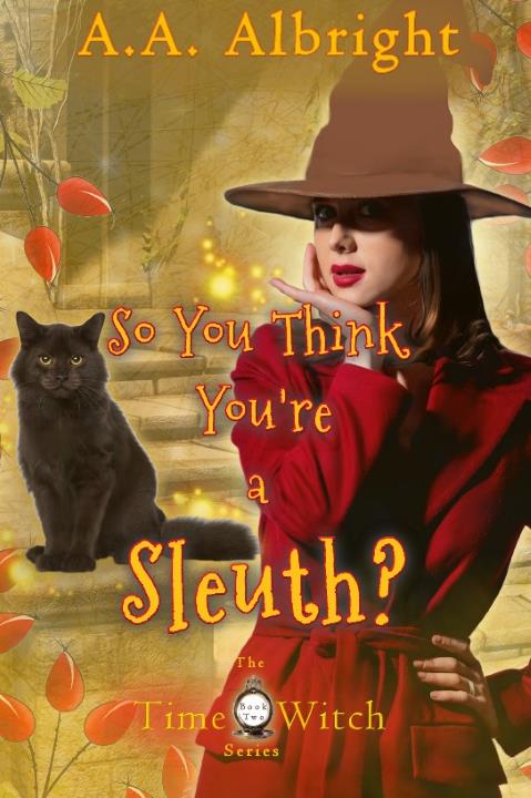 A contemplative young woman, dressed in red and wearing a witch hat, stands beside a black cat.