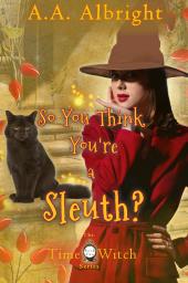 A contemplative young woman, dressed in red and wearing a witch hat, stands
                beside a black cat.