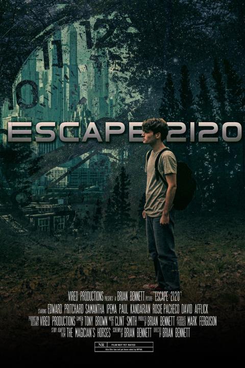 A teenage boy stands in wilderness with a modern city seen behind him through a transparent clockface.