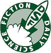 Stylized outline of a rocket launching in a green circular seal for
                Daily Science Fiction.