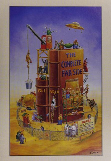 A crew of Far Side characters construct two giant volumes titled The Complete Far Side.